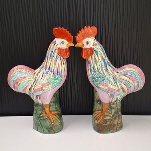 Vintage Chinese Ceramic Pair Of Roosters Figurine Hand Painted 10"